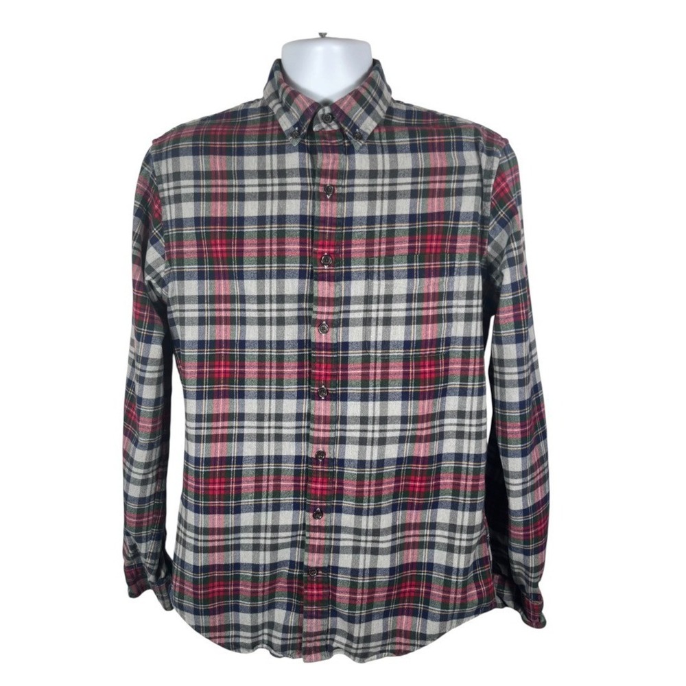 Lands' End Mens Sz MT Plaid Flannel Button-Down Shirt Red/Green Cotton-2209